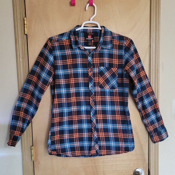💜Quiksilver Mens M Long Sleeve Orange Plaid - Picture 1 of 5